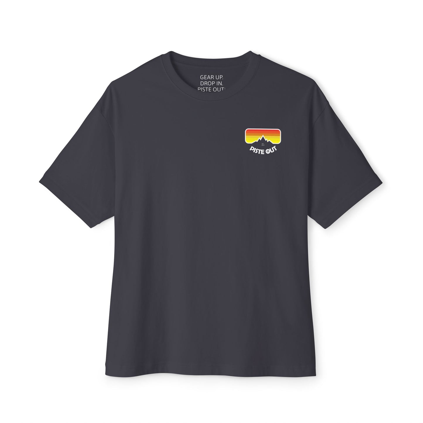 Charcoal ski tee featuring goggle chest logo and oversized gaper back graphic