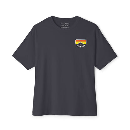 Charcoal ski tee featuring goggle chest logo and oversized gaper back graphic