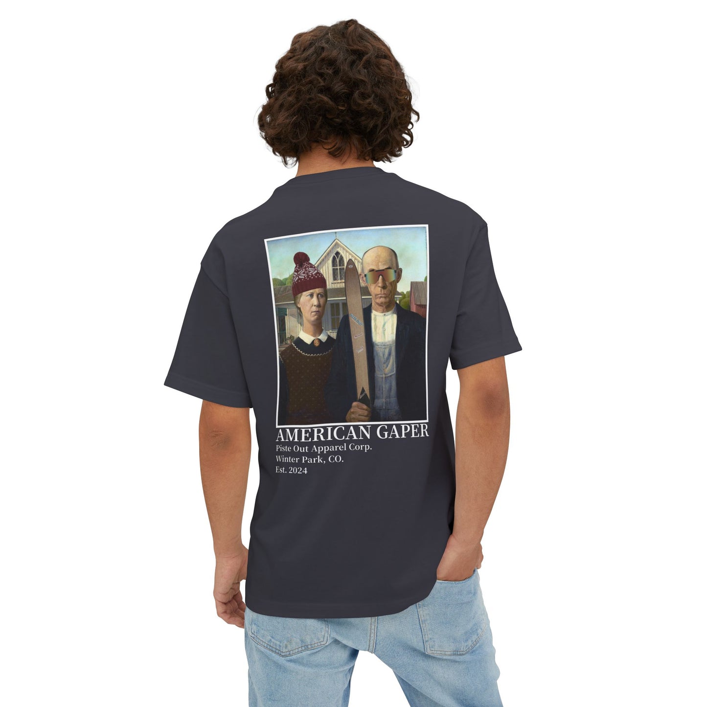 Model wearing charcoal tee showing full back American gaper design