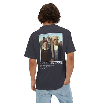 Model wearing charcoal tee showing full back American gaper design