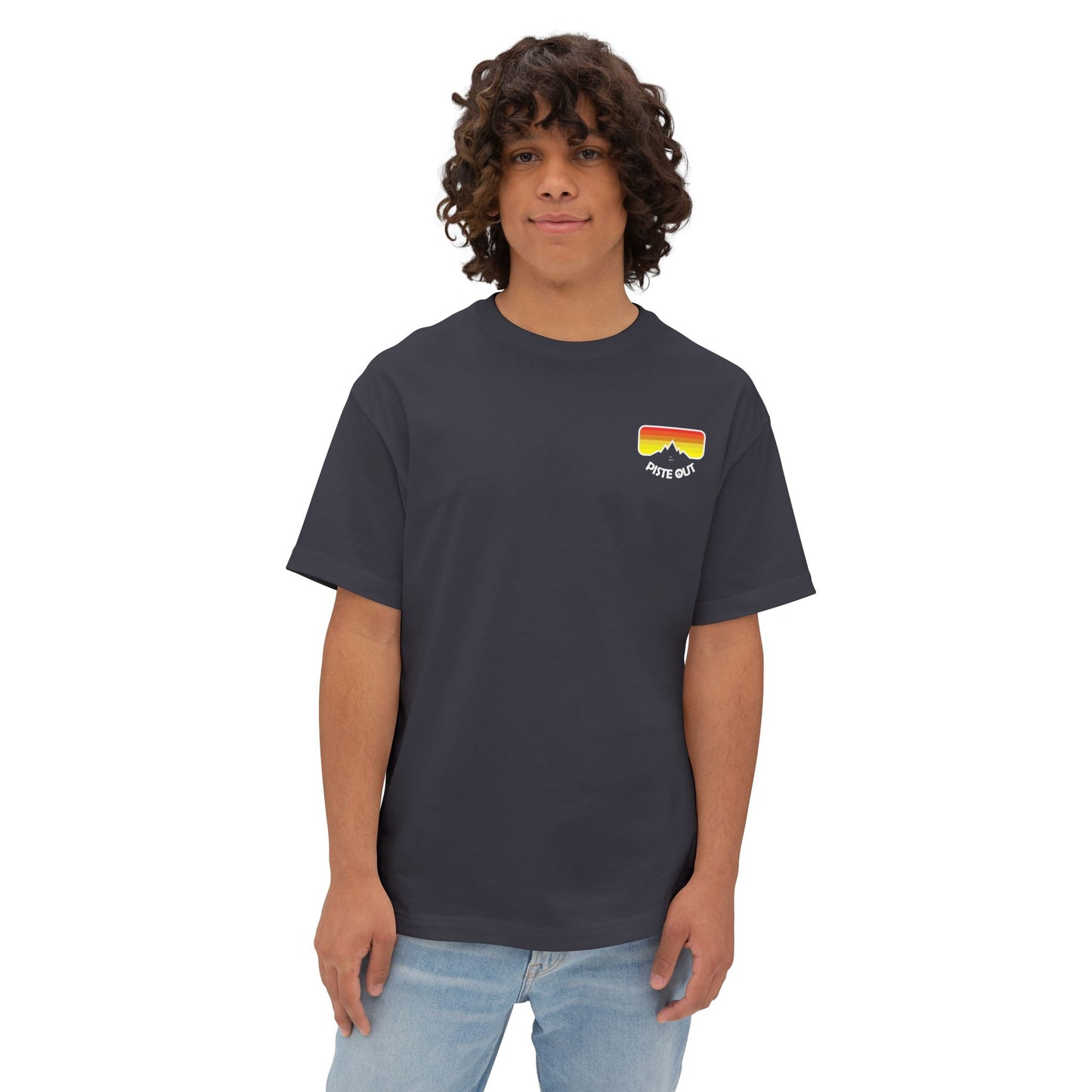 Model wearing charcoal oversized ski shirt with logo on chest