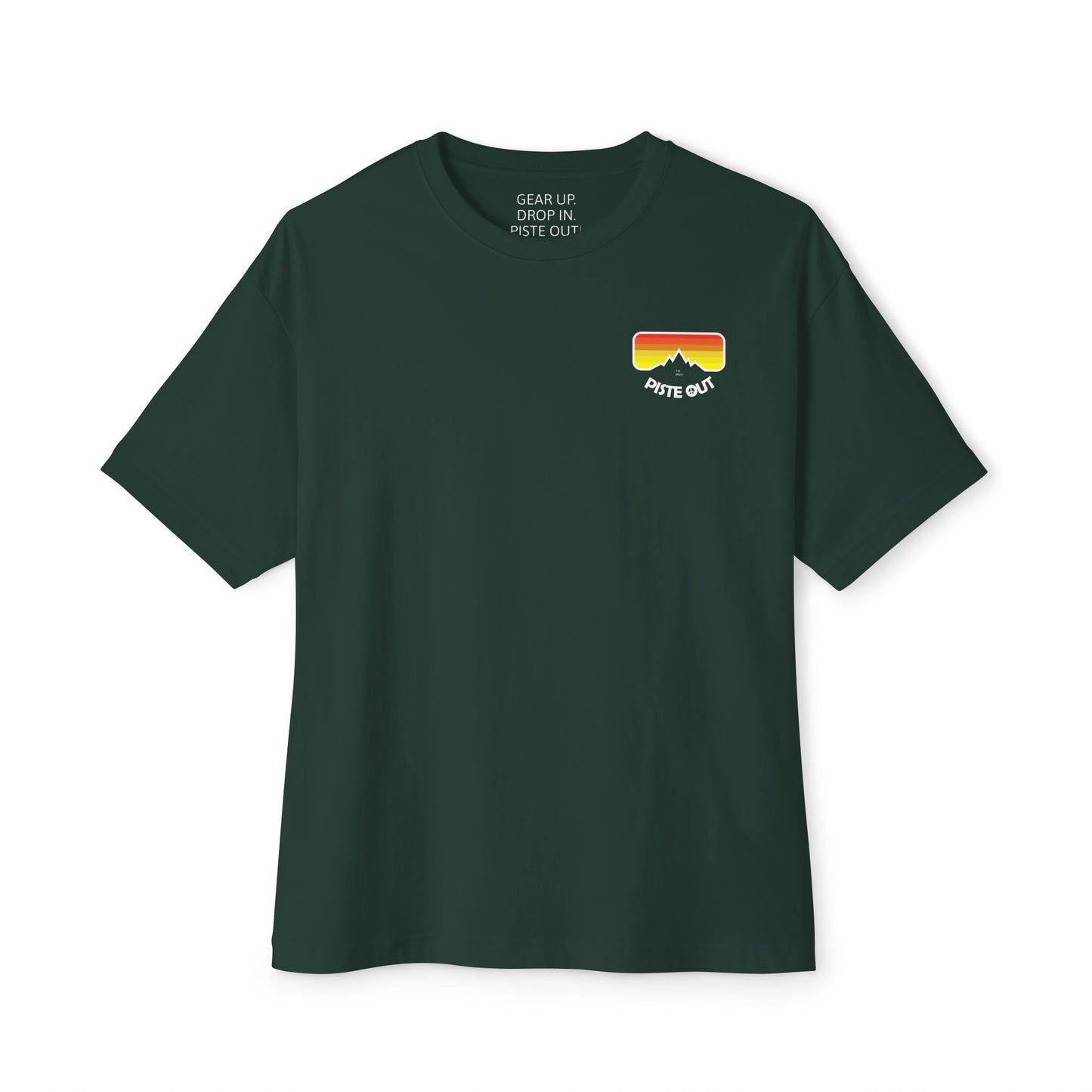 Forest green tee with Piste Out goggle badge on chest