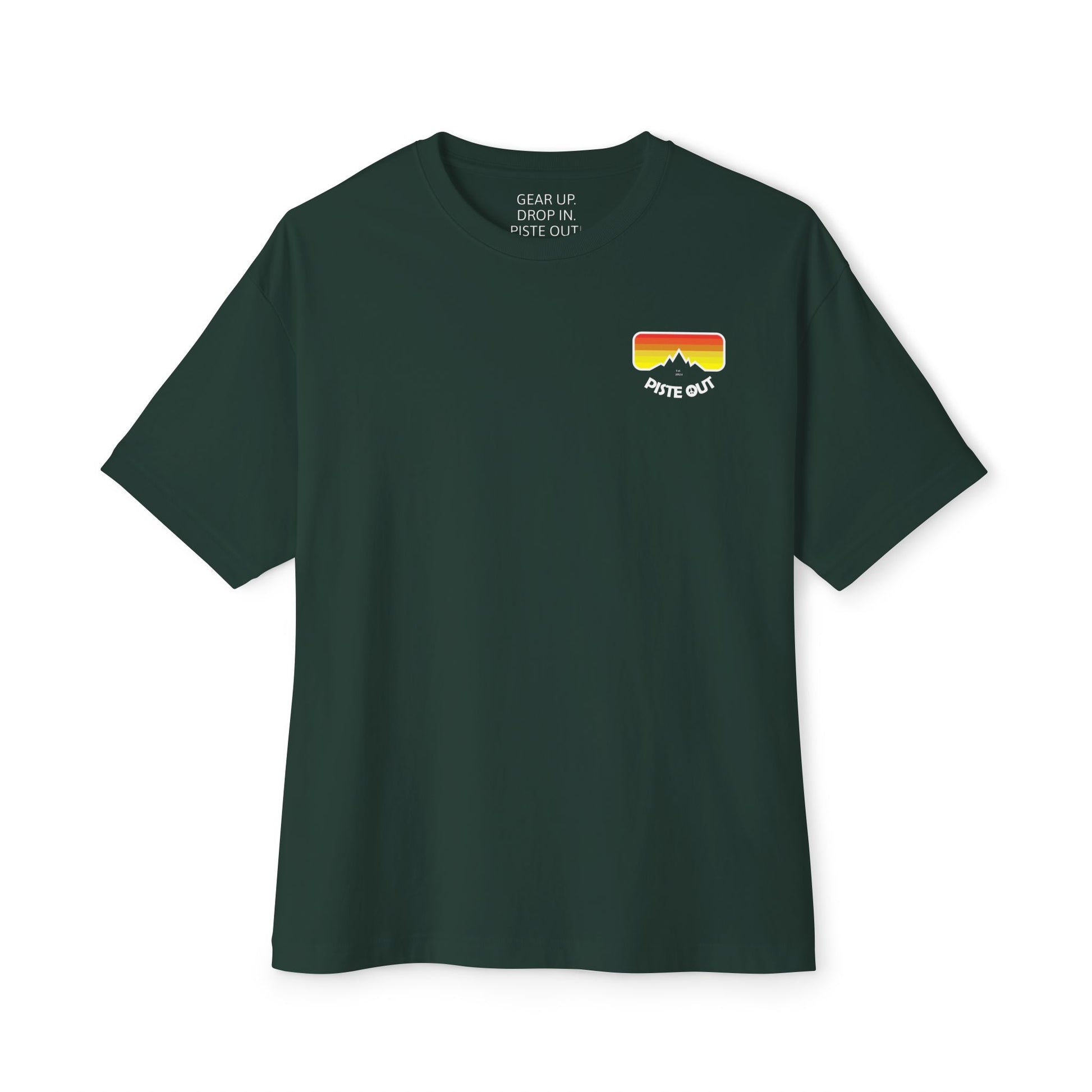 Forest green tee with Piste Out goggle badge on chest