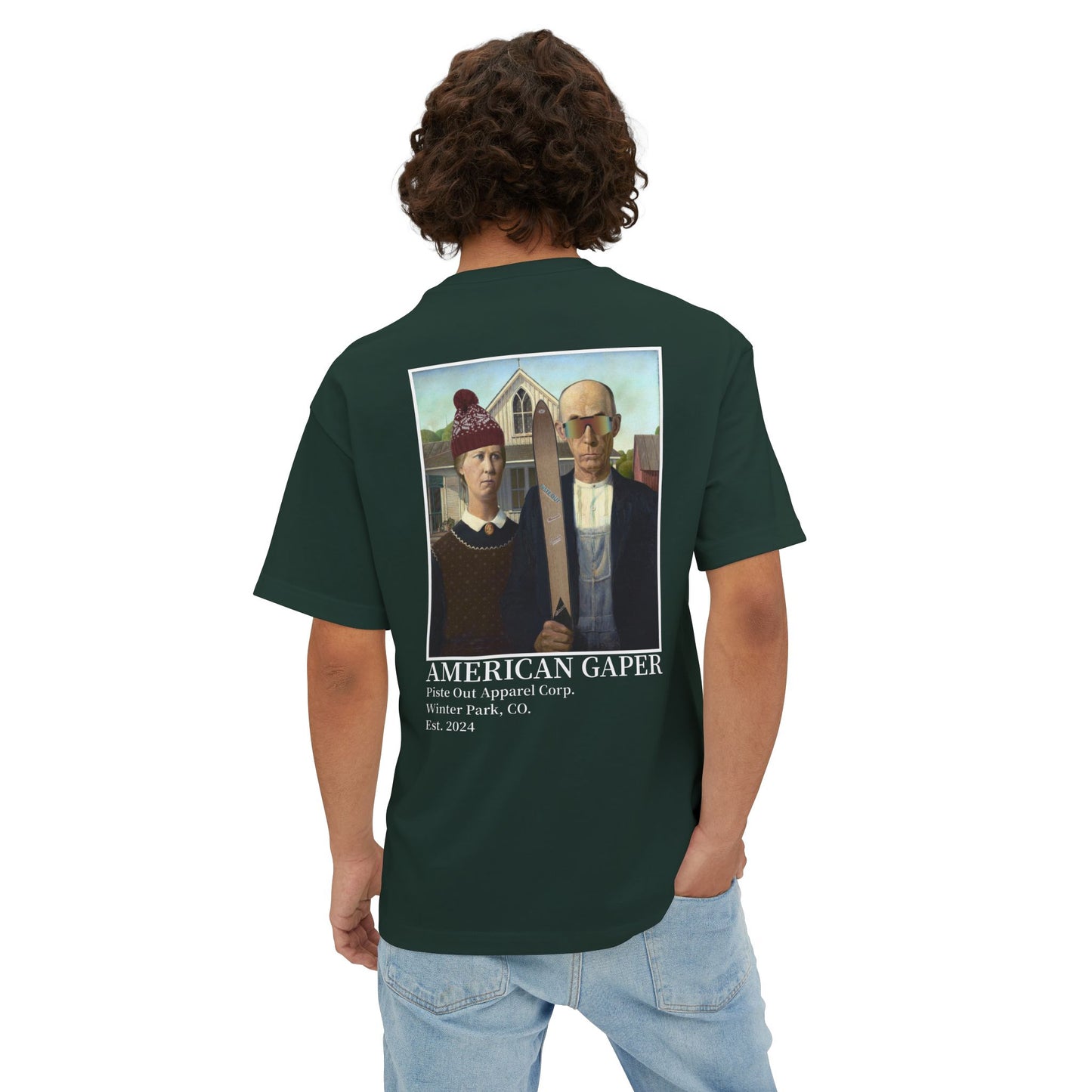 Model wearing green tee showing full back American gaper design