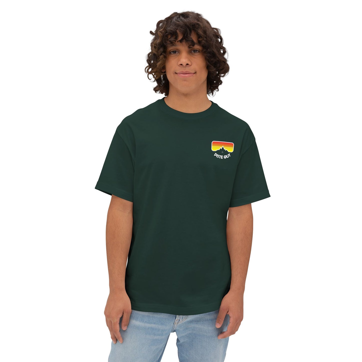 Model wearing green oversized ski shirt with logo on chest