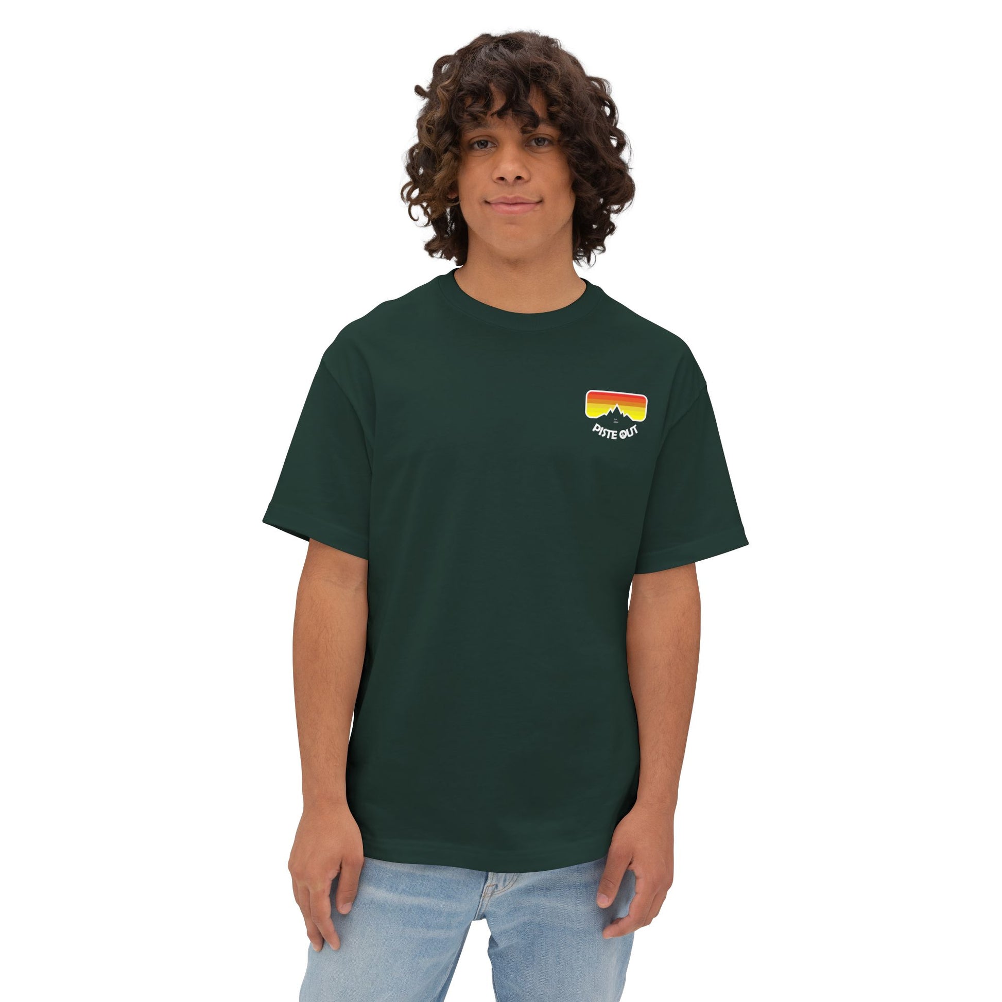 Model wearing green oversized ski shirt with logo on chest