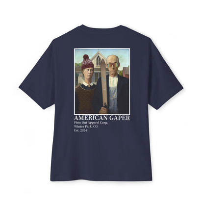 Navy tee with parody American Gothic ski gaper graphic on back