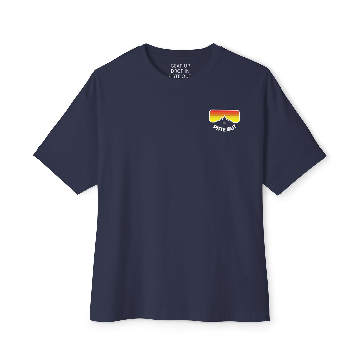 Navy oversized t-shirt with retro ski goggle logo on chest