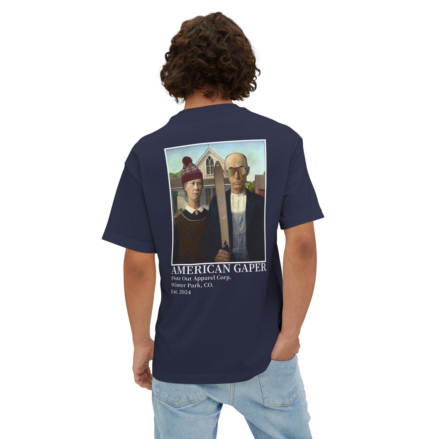 Model wearing navy tee showing full back American gaper design