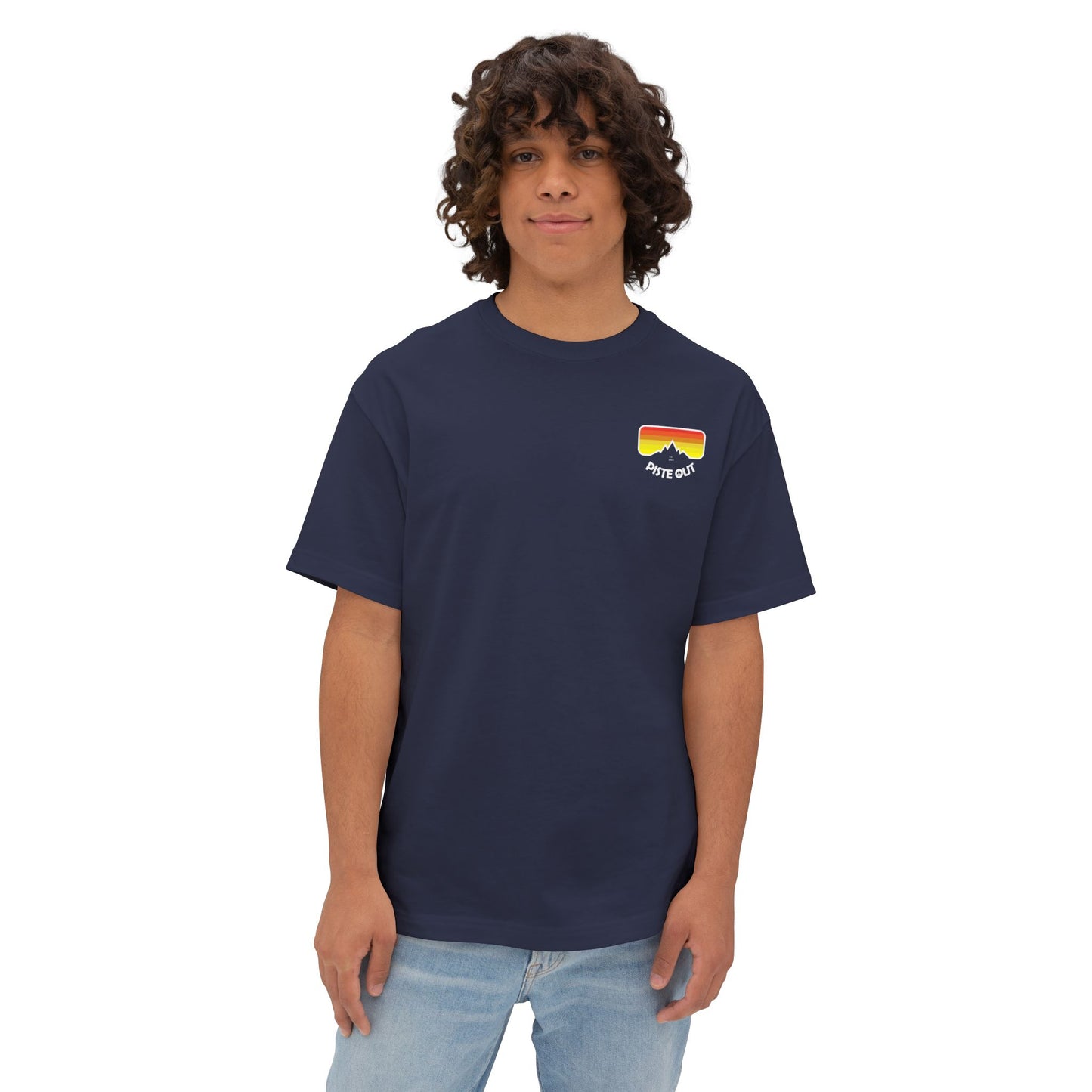 Model wearing navy oversized tee with goggle logo chest print