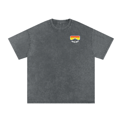 Front view of pirate gray American Gaper tee with small Piste Out goggle logo on the left chest.