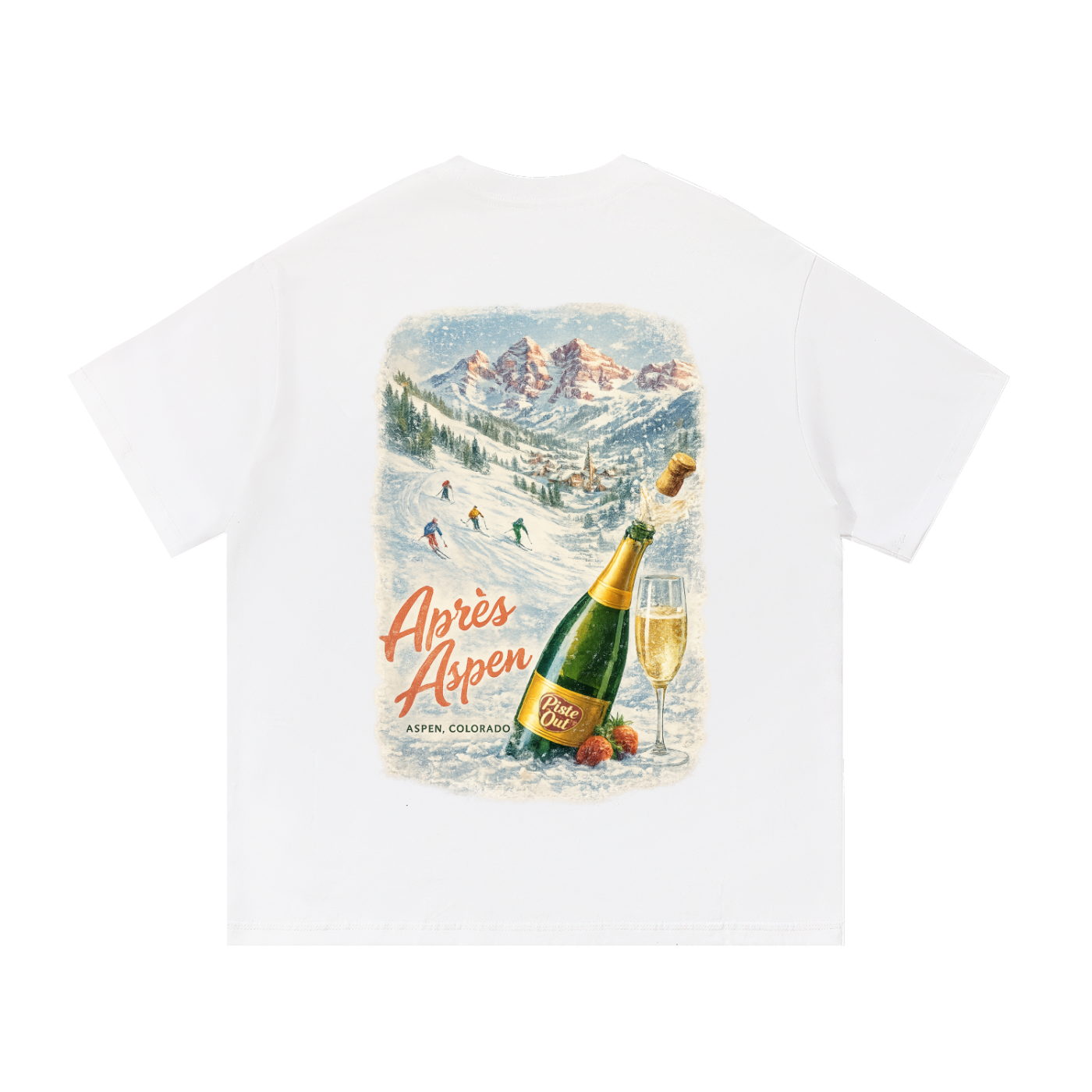 Snow white Après Aspen ski tee back graphic featuring vintage Maroon Bells ski poster scene with champagne bottle and skiers.