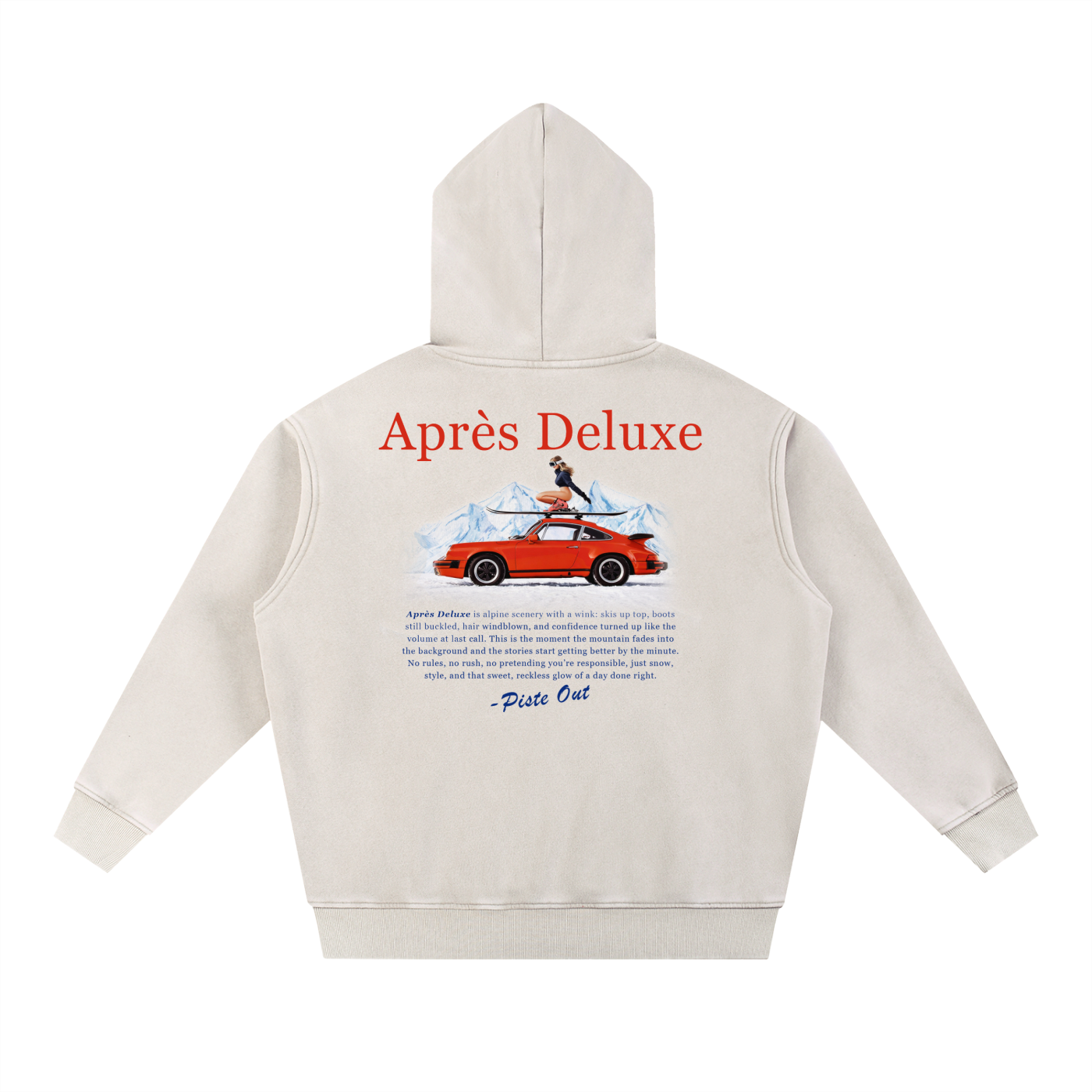 Après Deluxe Hoodie in Powder with vintage Porsche ski graphic and Après Deluxe text on back