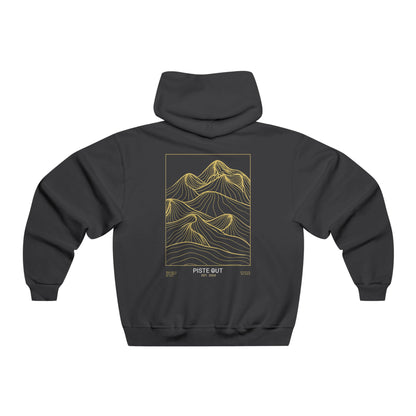 Back view of black hoodie featuring large gold topographic mountain artwork
