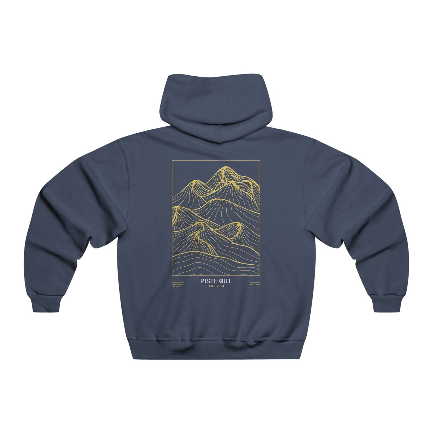 Back view of navy blue hoodie featuring full gold topographic line work graphic