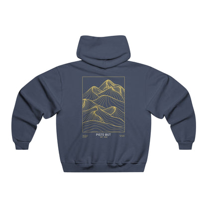 Back view of navy blue hoodie featuring full gold topographic line work graphic