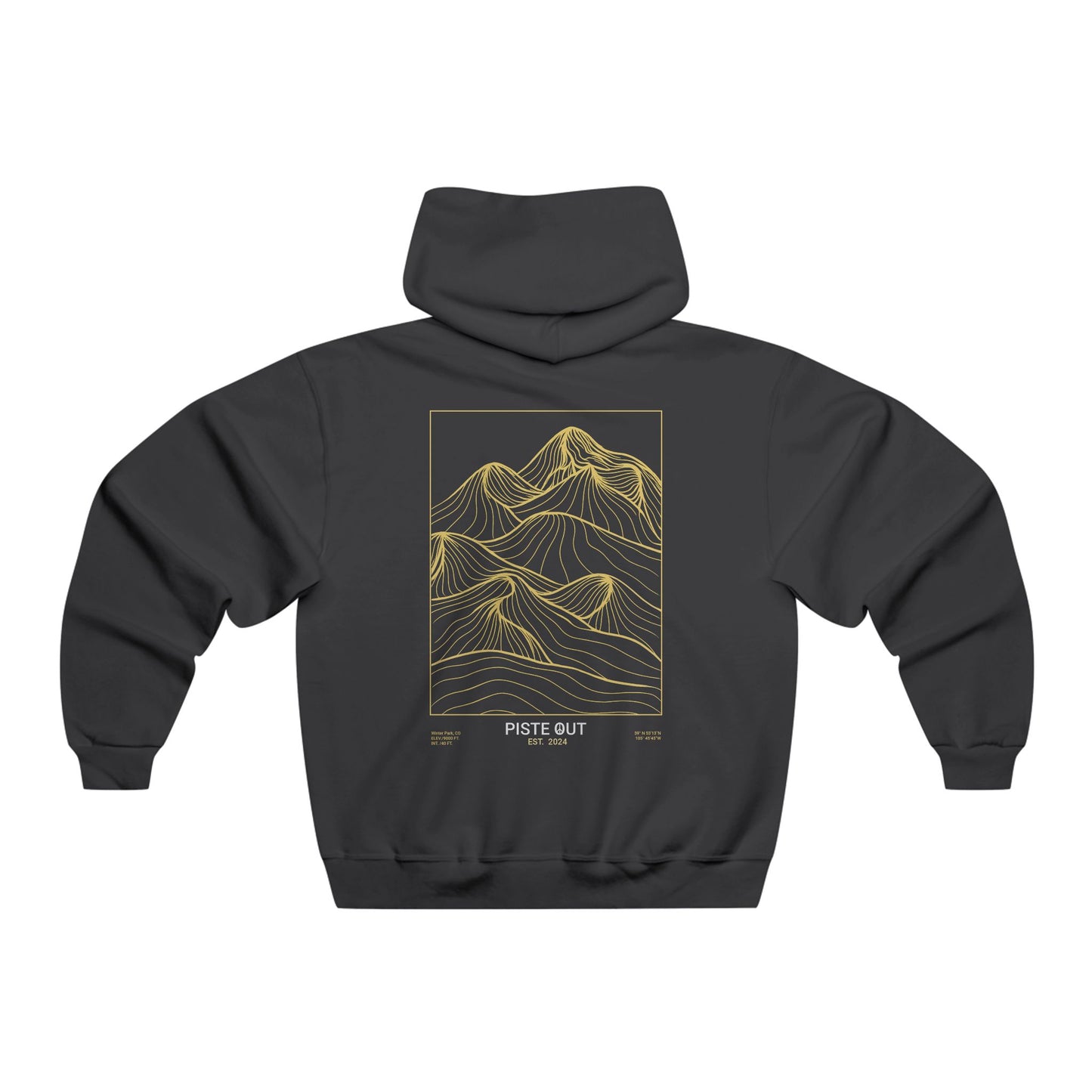 Back view of black hoodie with bold yellow topographic mountain illustration and PISTE OUT logo beneath.