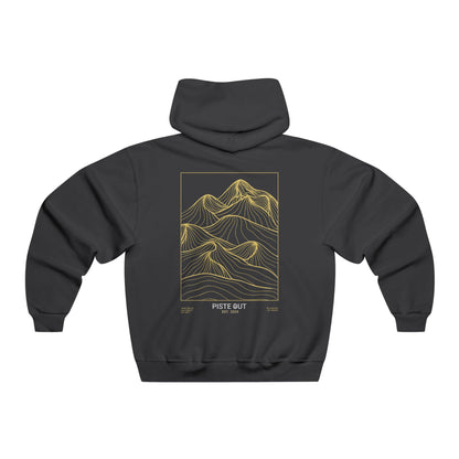 Back view of black hoodie with bold yellow topographic mountain illustration and PISTE OUT logo beneath.