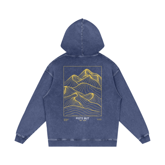 Back view of Blue Square Backcountry Veins hoodie featuring gold topographic mountain line design with “Piste Out Est. 2024” text.