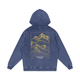 Back view of Blue Square Backcountry Veins hoodie featuring gold topographic mountain line design with “Piste Out Est. 2024” text.
