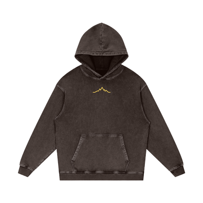 Front view of Dark Gray Backcountry Veins hoodie with gold embroidered mountain line on chest.