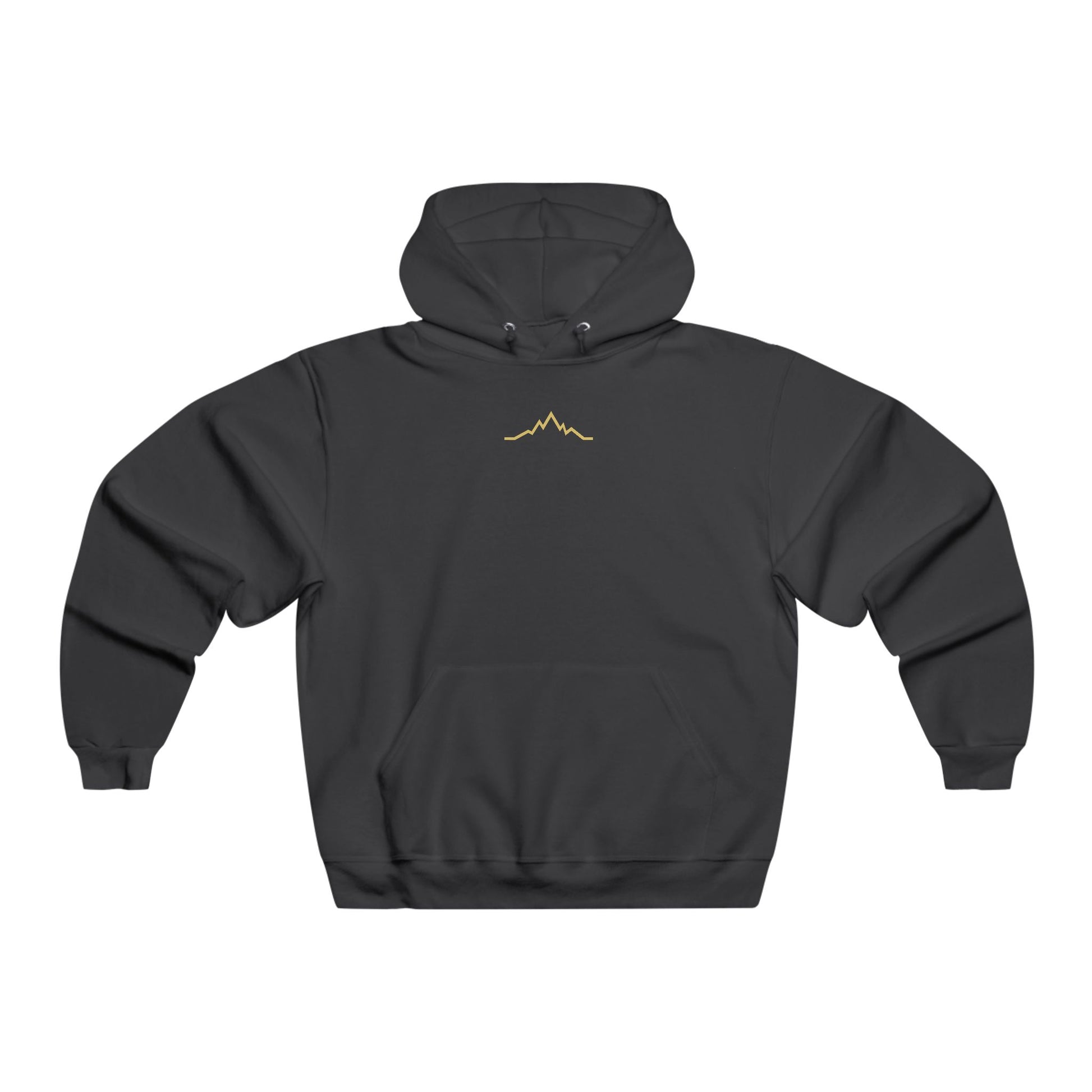 Front view of black hoodie with minimalist gold mountain lines logo centered under the neckline
