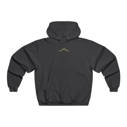 Front view of black hoodie with minimalist gold mountain lines logo centered under the neckline