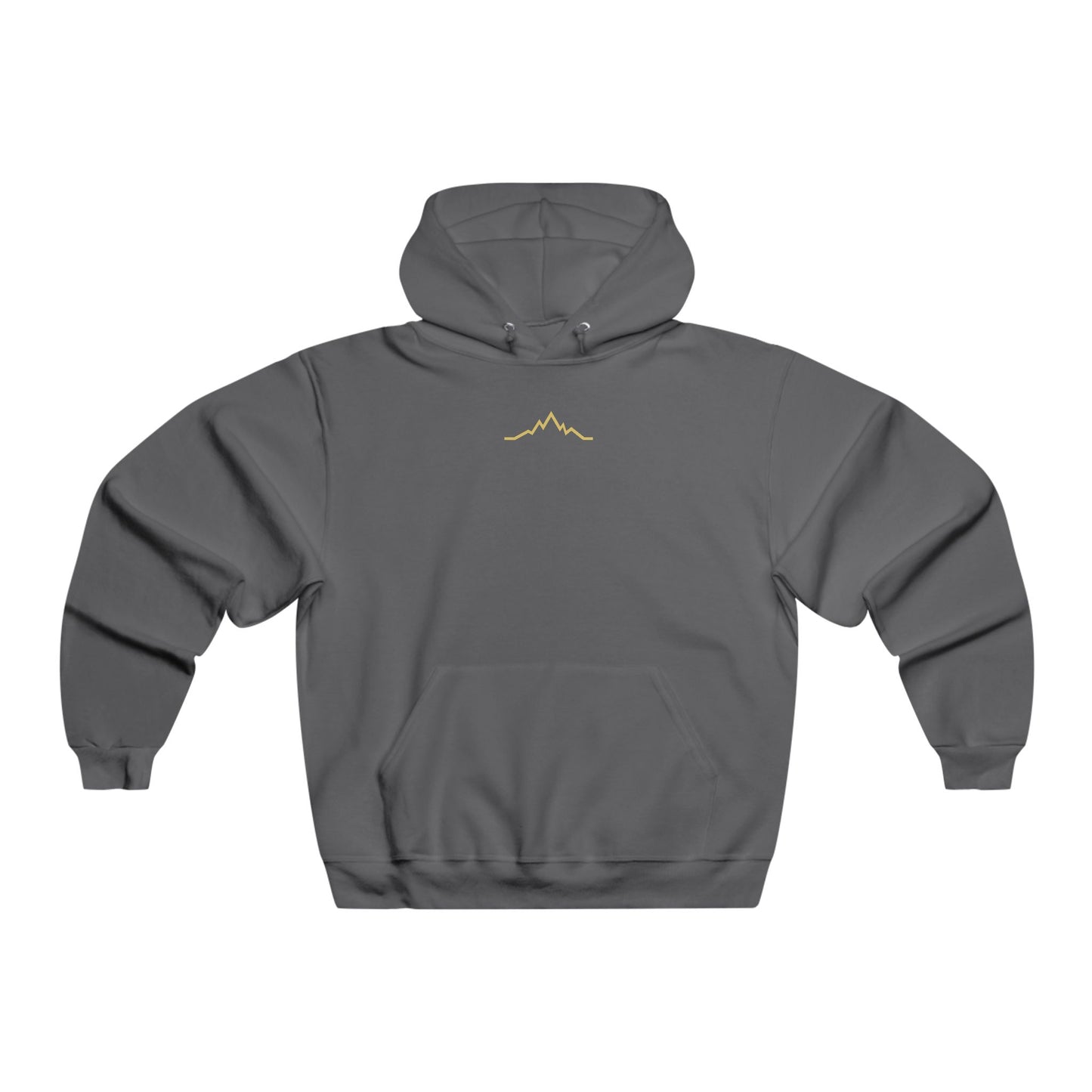 Front view of charcoal hoodie showing small gold mountain lines logo beneath the neckline