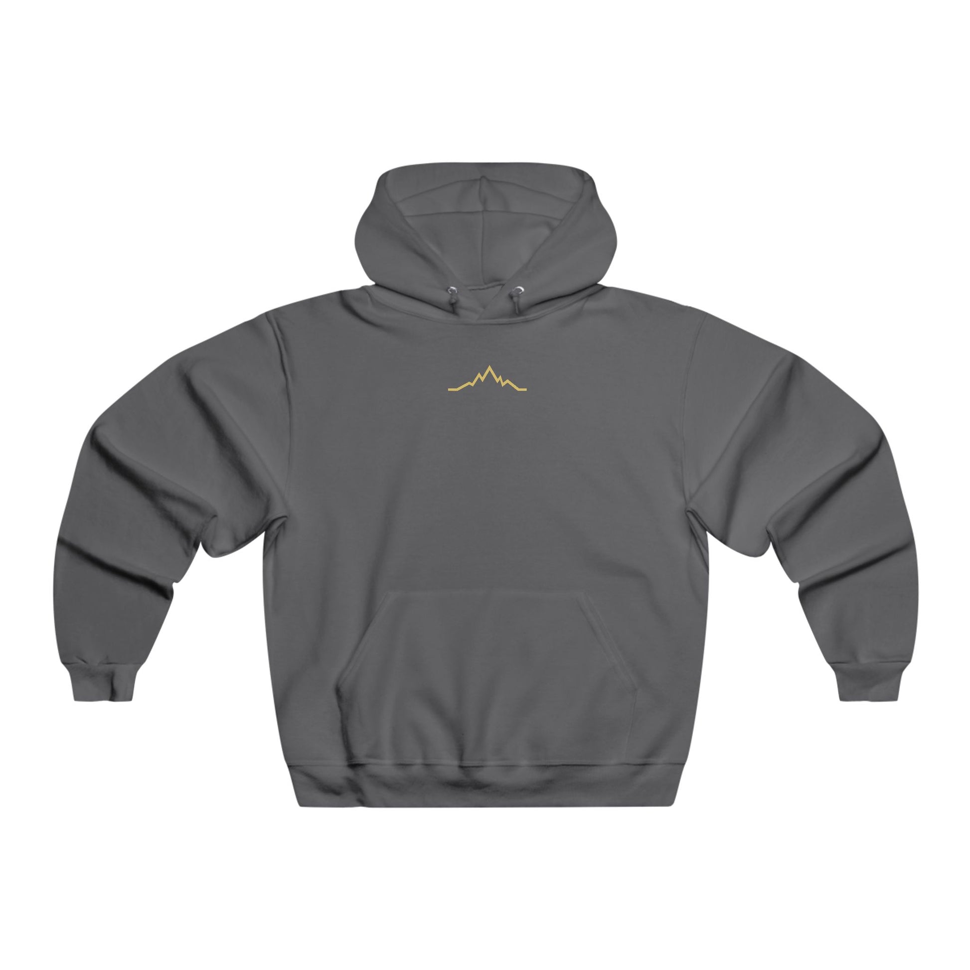 Front view of charcoal hoodie showing small gold mountain lines logo beneath the neckline