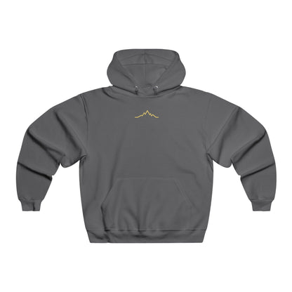 Front view of charcoal hoodie showing small gold mountain lines logo beneath the neckline