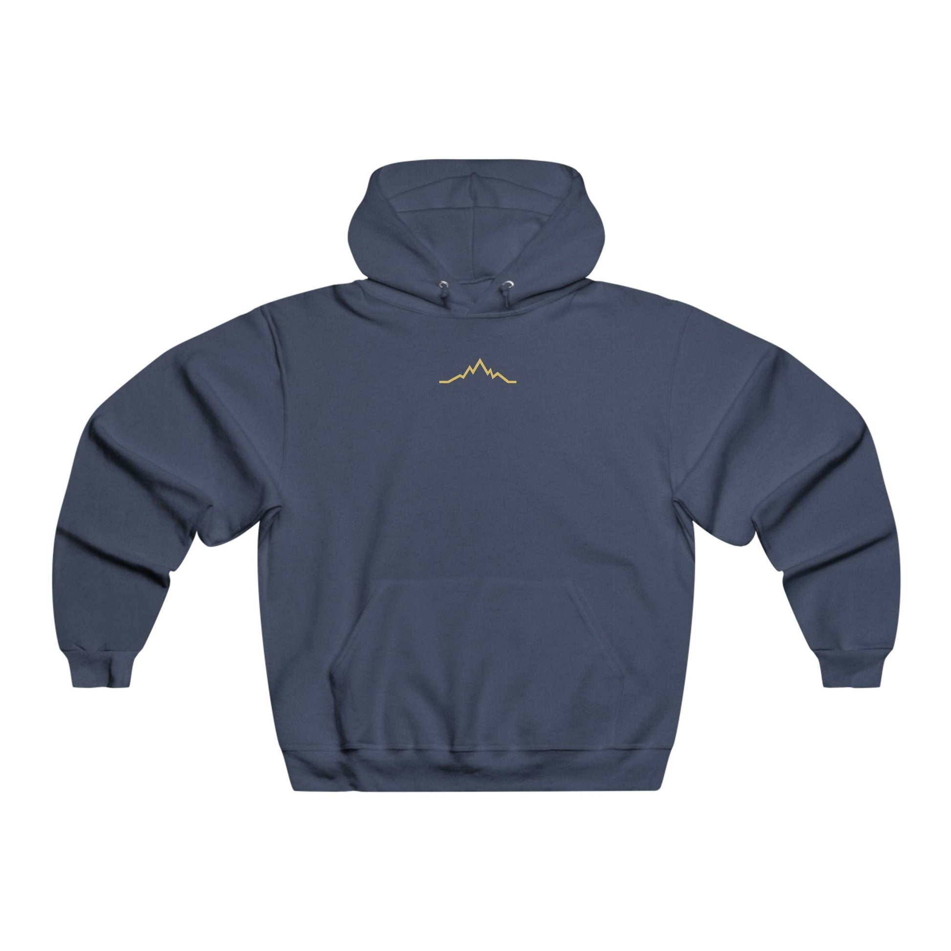 Front view of navy blue hoodie with minimalist gold mountain lines logo centered under neckline hood