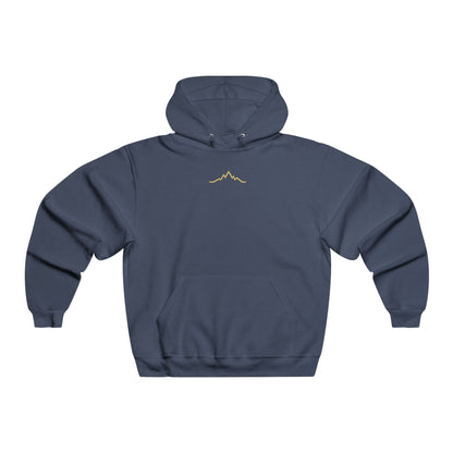 Front view of navy blue hoodie with minimalist gold mountain lines logo centered under neckline hood