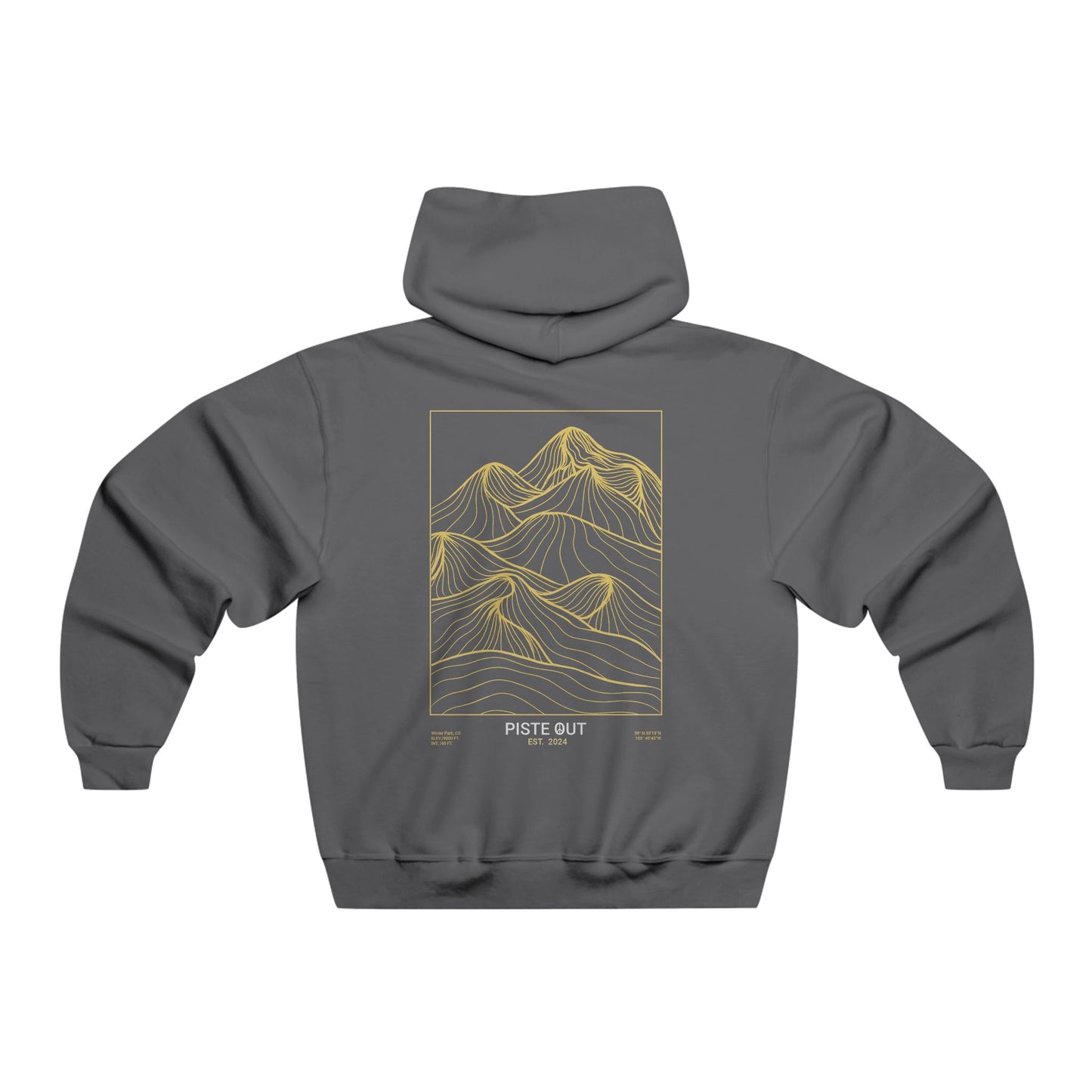 Back view of granite-colored hoodie with yellow mountain line design and centered "PISTE OUT" logo.