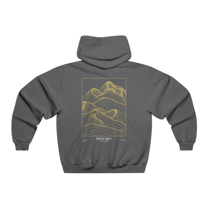 Back view of granite-colored hoodie with yellow mountain line design and centered "PISTE OUT" logo.