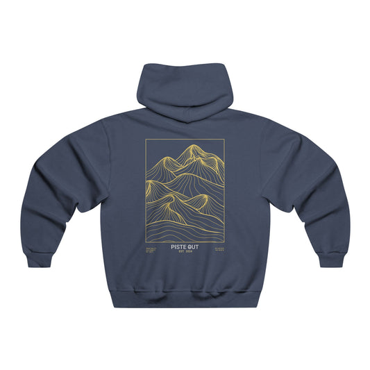 Back view of navy blue hoodie featuring yellow topographic mountain line art and "PISTE OUT" text.