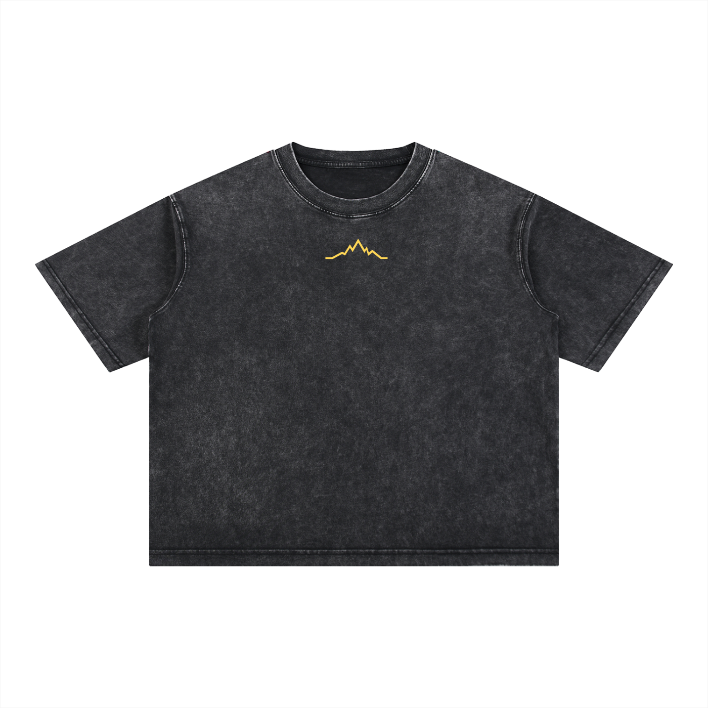 Backcountry Veins heavyweight boxy tee in Black Diamond with gold mountain lines logo on chest