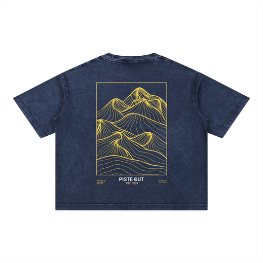 Backcountry Veins heavyweight boxy tee in Blue Square with gold mountain linework back graphic