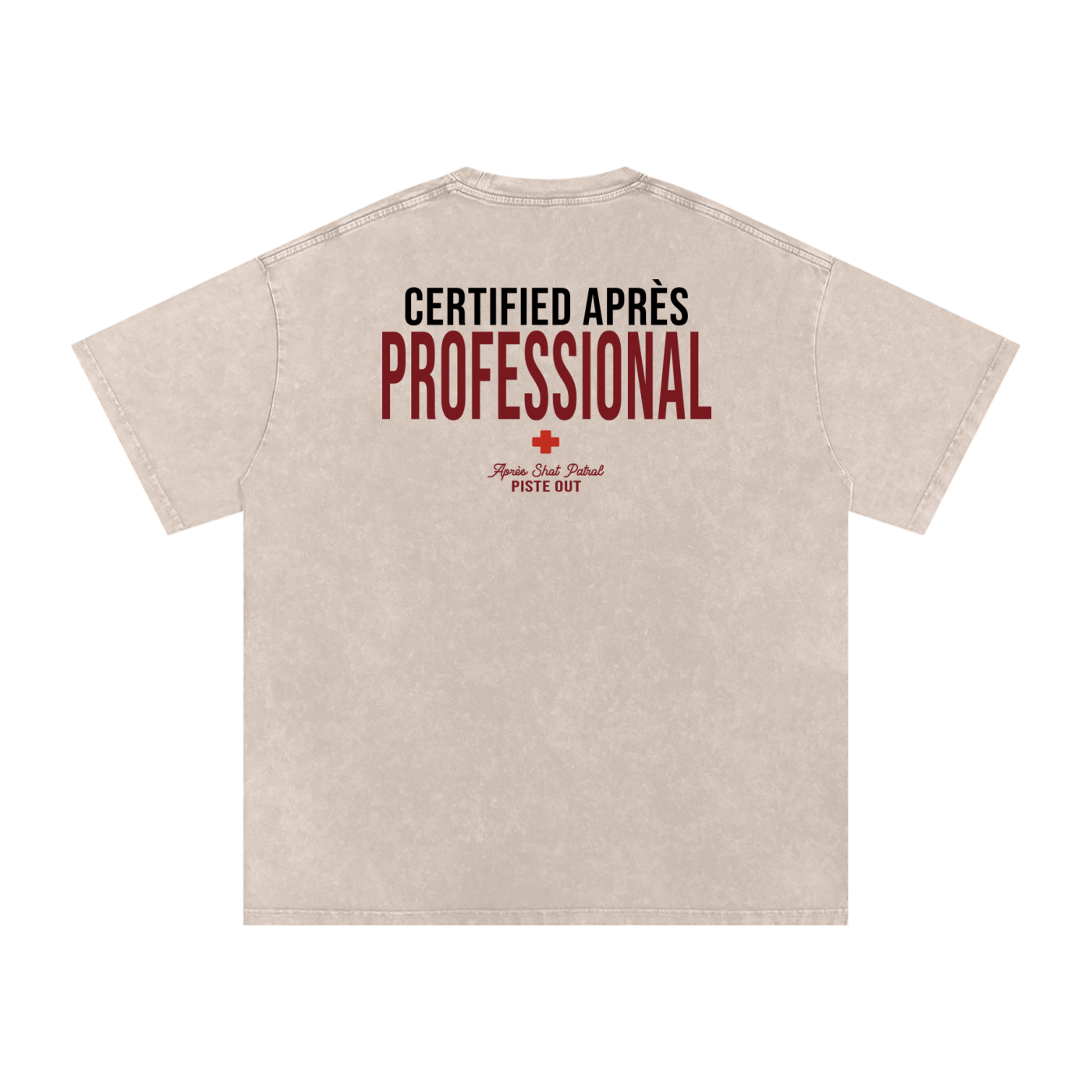 Back view of the Certified Après Professional tee in Apricot with a bold Certified Après Professional statement and Après Shot Patrol detail.