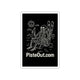 Close-up of rectangular black sticker featuring a skeleton in a lounge chair with skis, beer, and peace-sign sun; “PisteOut.com” at the bottom