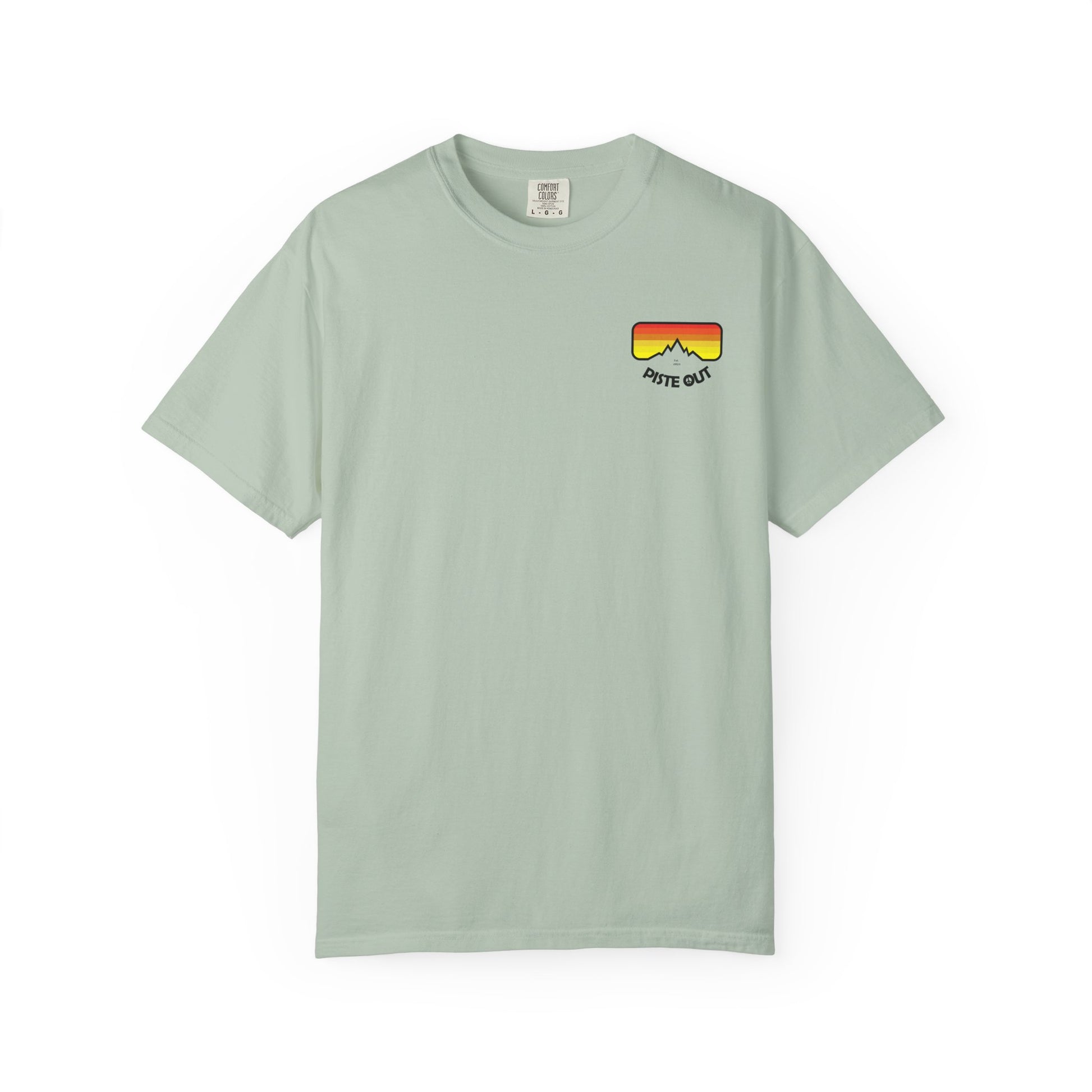 Front of sage green tee with small retro goggles logo on chest