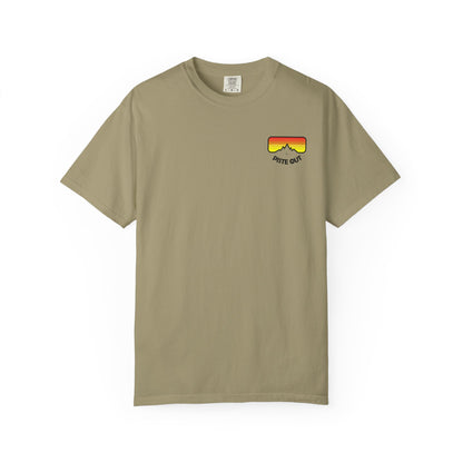 Front of khaki tee with small retro goggles logo on left chest