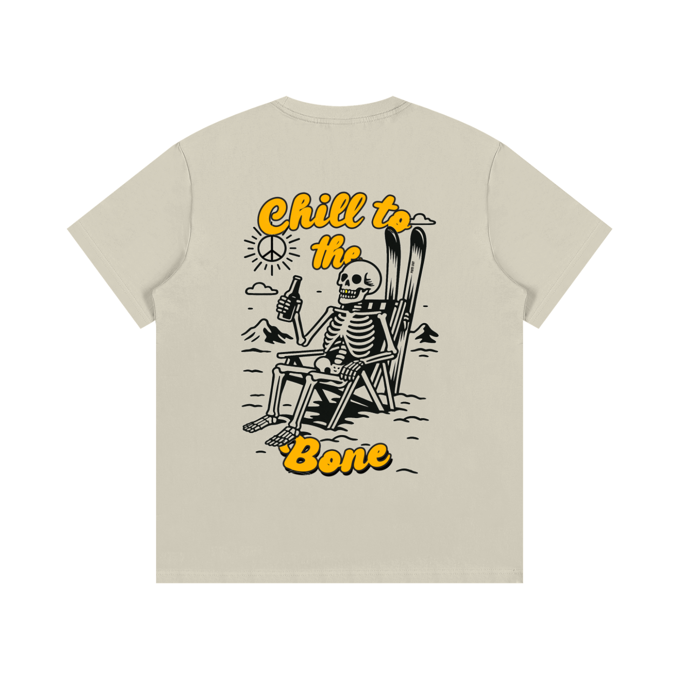 Back view of khaki Chill to the Bone après ski tee featuring skeleton with drink and skis, retro orange Chill to the Bone text.