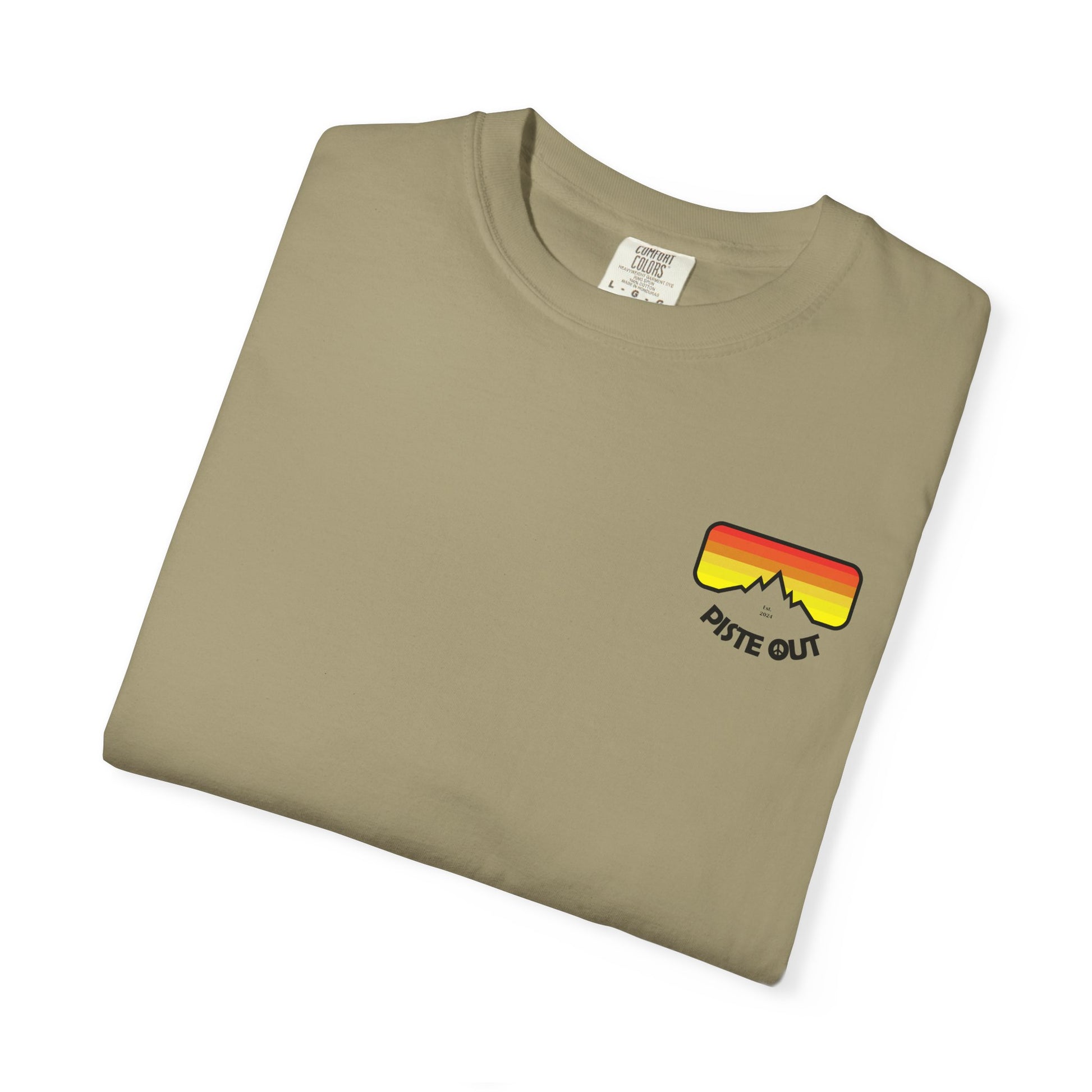 Khaki tee folded flat showing front chest logo with retro goggles