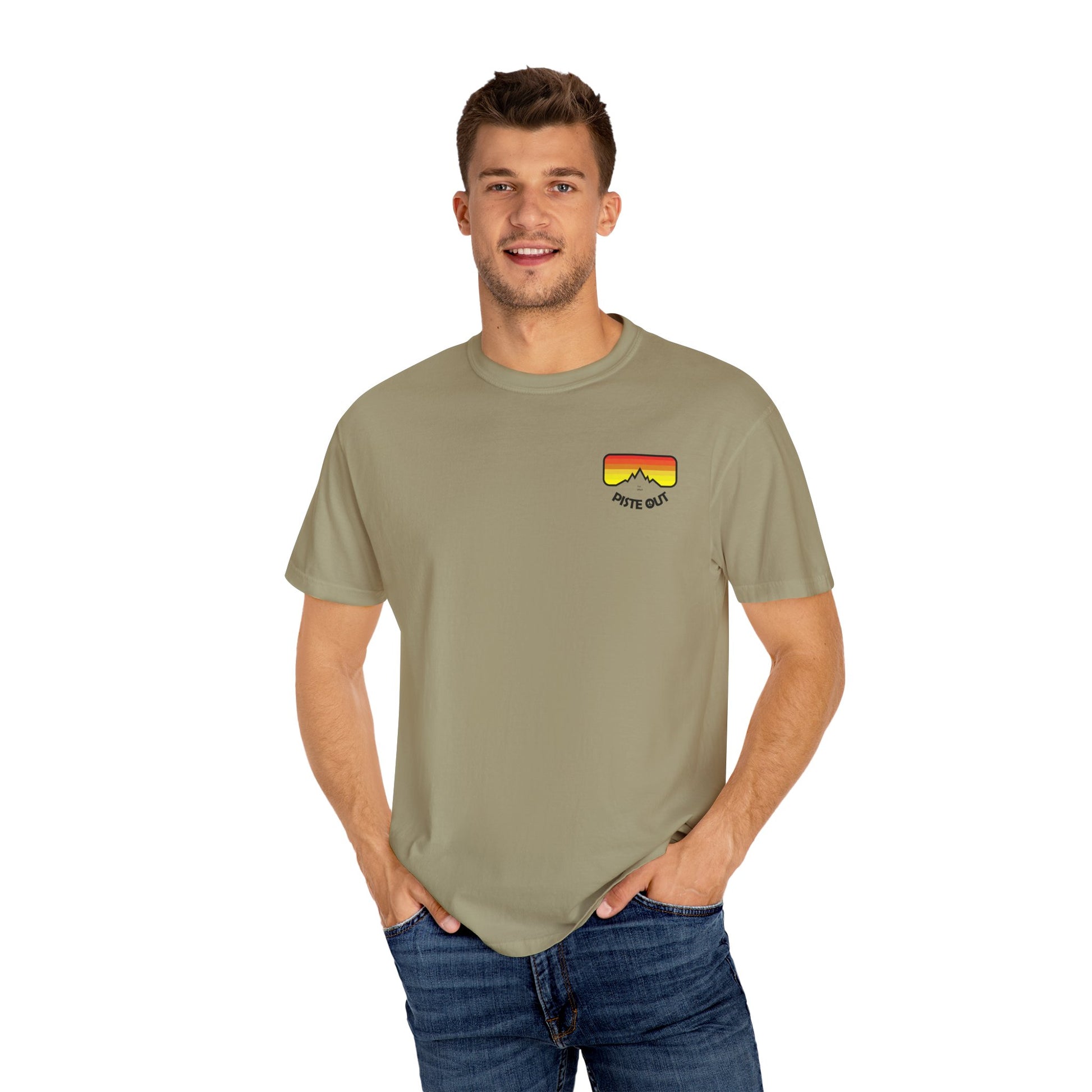Model wearing khaki tee, front view with goggle chest logo