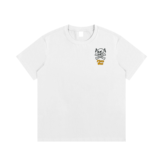 Front view of snow Chill to the Bone après ski tee with skull and crossed ski poles logo and orange Piste Out text.