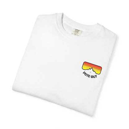 White tee folded flat showing front chest logo with retro goggles
