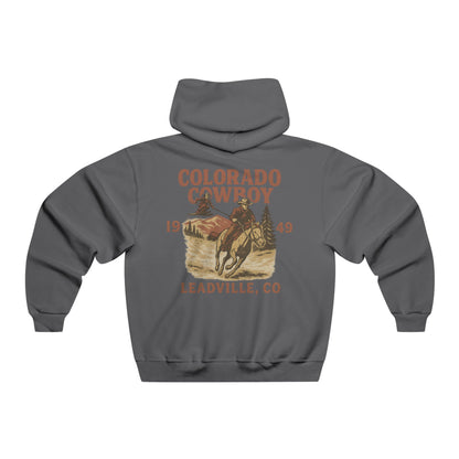 Back view of charcoal gray Colorado Cowboy hoodie with vintage skijoring rodeo graphic featuring Daffy Don skiing behind a cowboy on horseback.