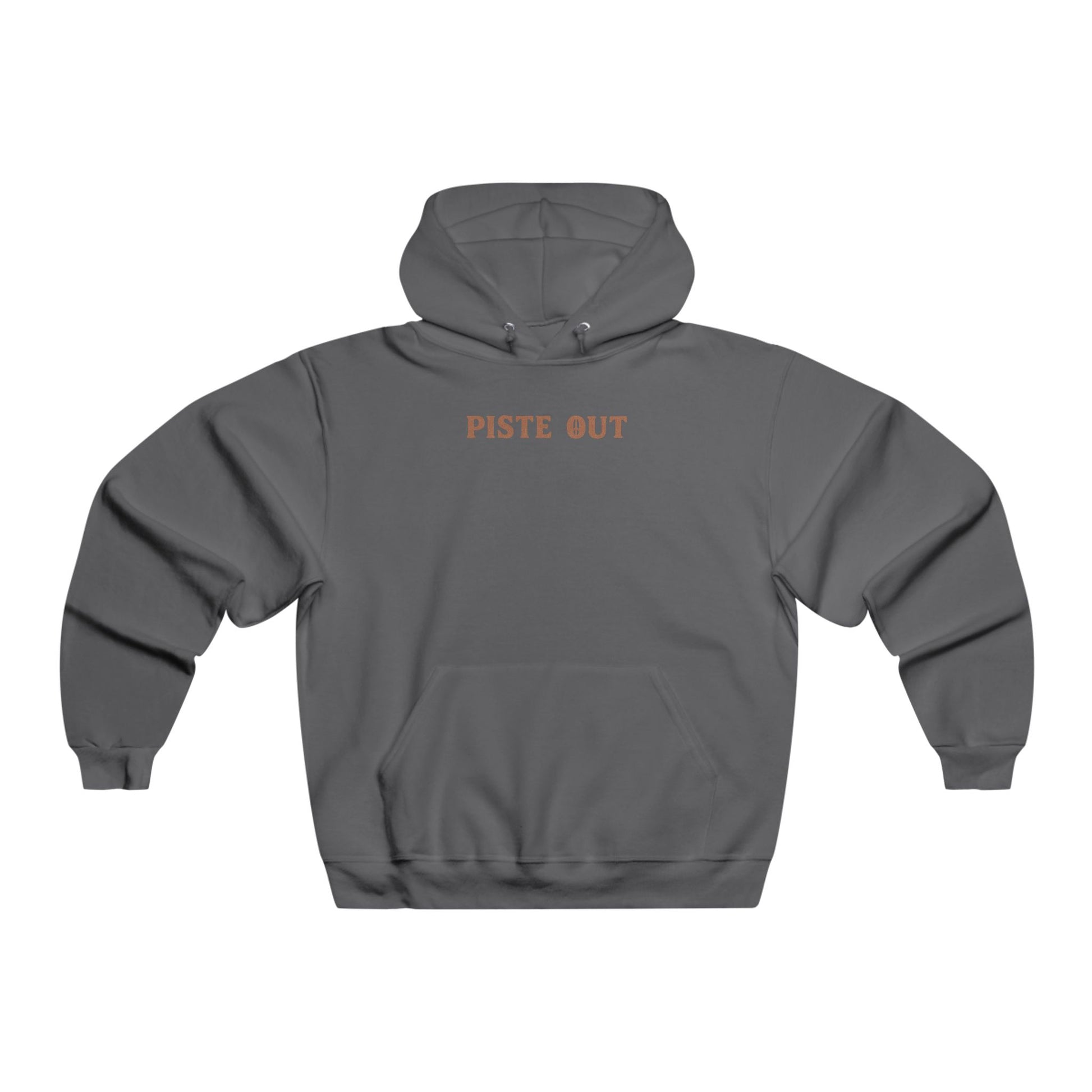 Front view of charcoal gray Colorado Cowboy hoodie with centered Piste Out text in distressed Western lettering.