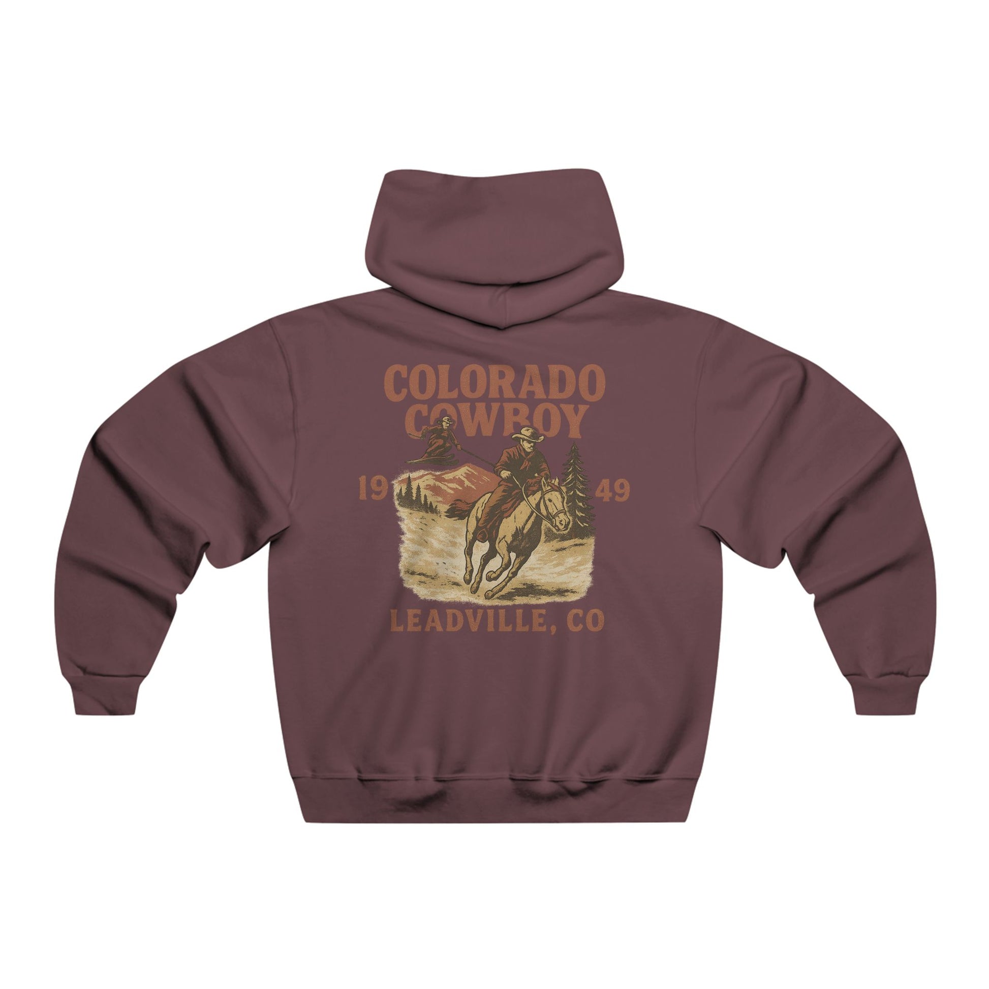Back view of maroon Colorado Cowboy hoodie featuring distressed Western poster-style graphic of Daffy Don skijoring behind a cowboy on horseback.