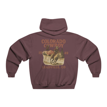 Back view of maroon Colorado Cowboy hoodie featuring distressed Western poster-style graphic of Daffy Don skijoring behind a cowboy on horseback.